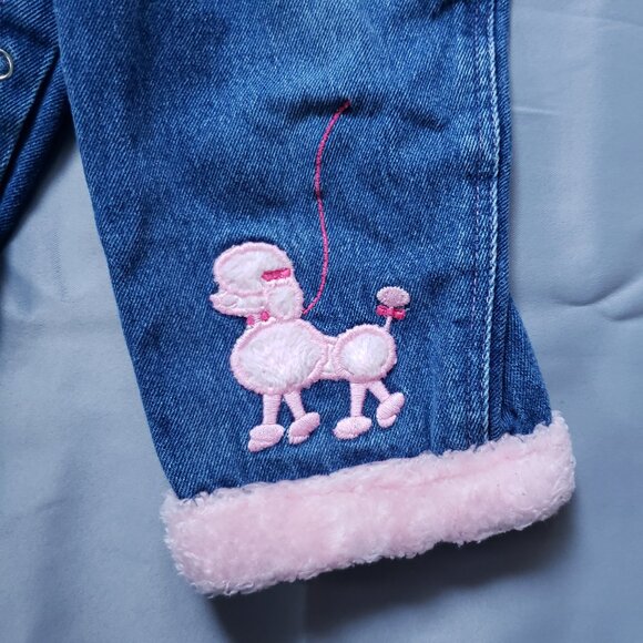 Rare Vintage Y2K Overalls Blue Denim Pink Fur Trim Baby Girls 18 Mo Poodle Dog - Picture 7 of 9